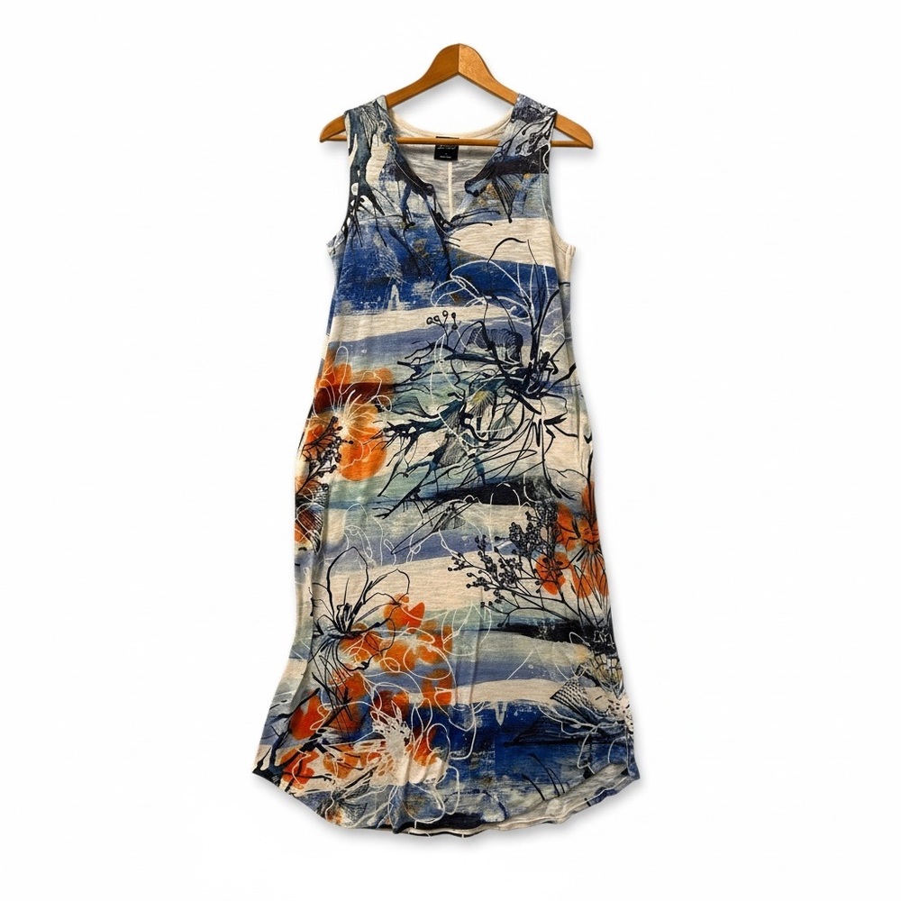 Floral Stripe Sleeveless Midi Dress - Blue & Orange